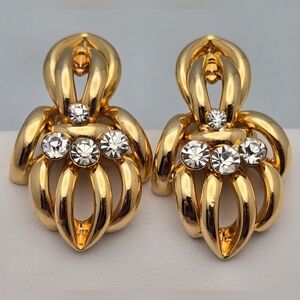 Vintage Gold Tone Door Knocker Earrings Crystal Accent Statement